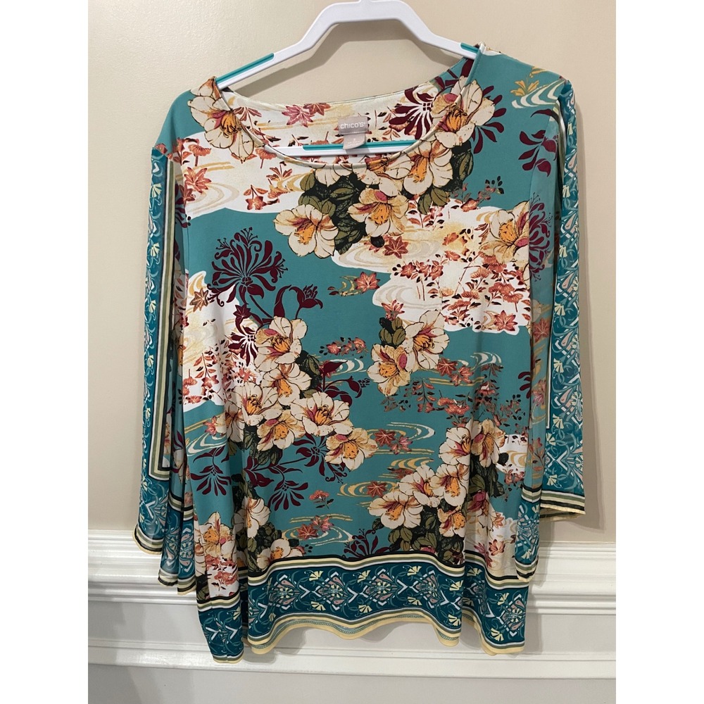 Chicos Teal Blue Asian Inspired Floral Bell Sleeve Blouse Top Size XL Size 3